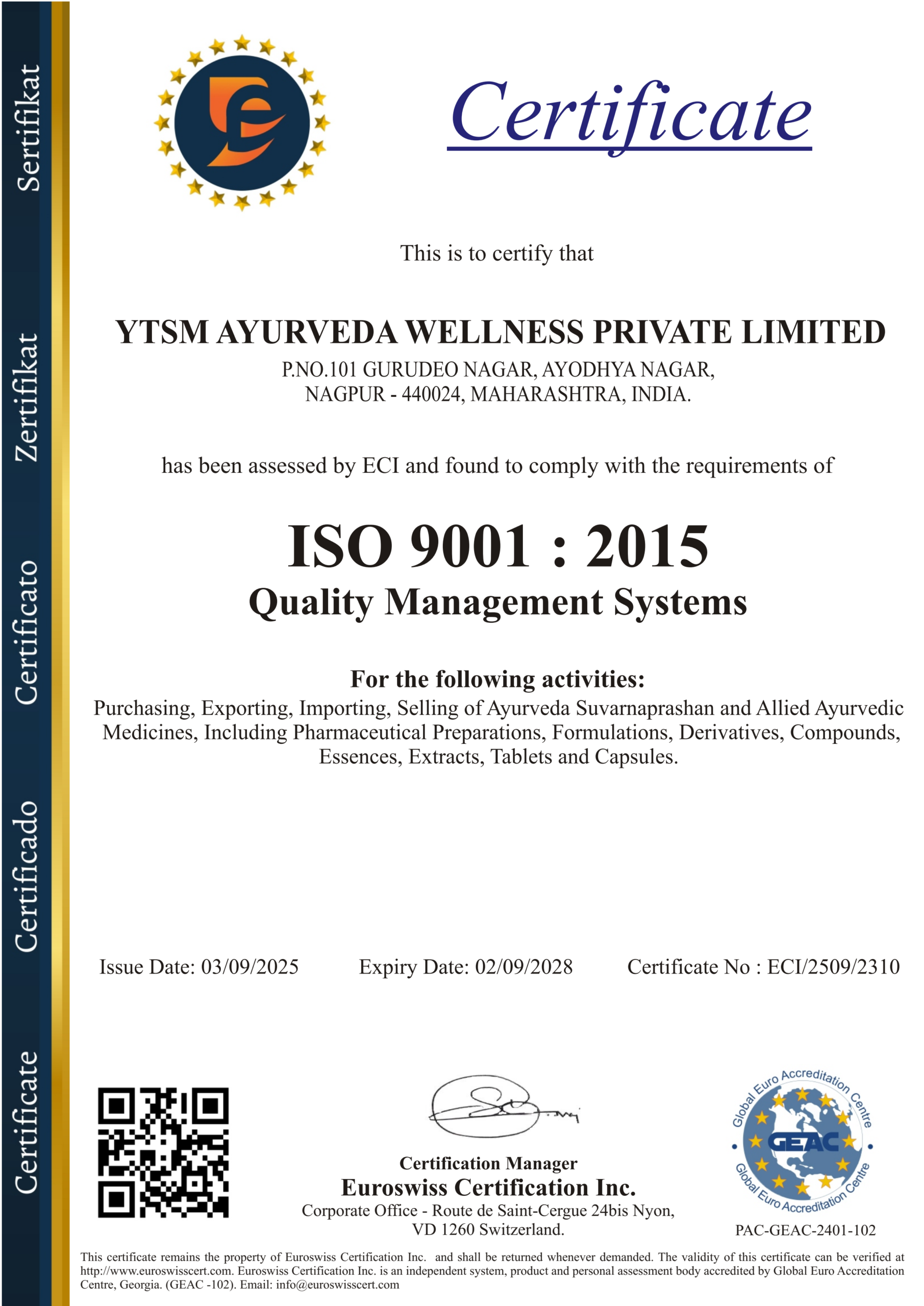 YTSM AYURVEDA WELLNESS QMS ISO